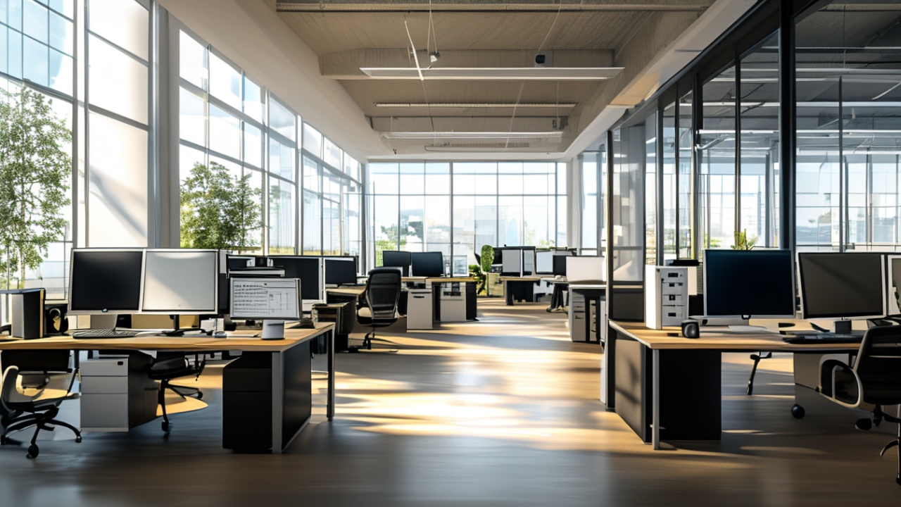 Espaco de escritorio moderno com estacoes de trabalho organizadas