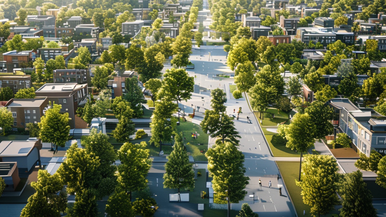 Vista aerea de bairro urbano organizado com ruas arborizadas