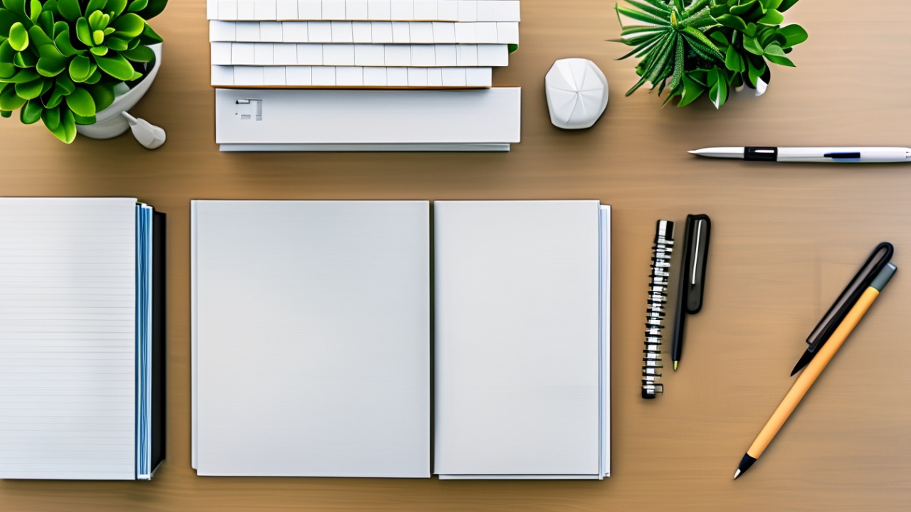 Mesa organizada com ficharios, porta-canetas e planta vista de cima