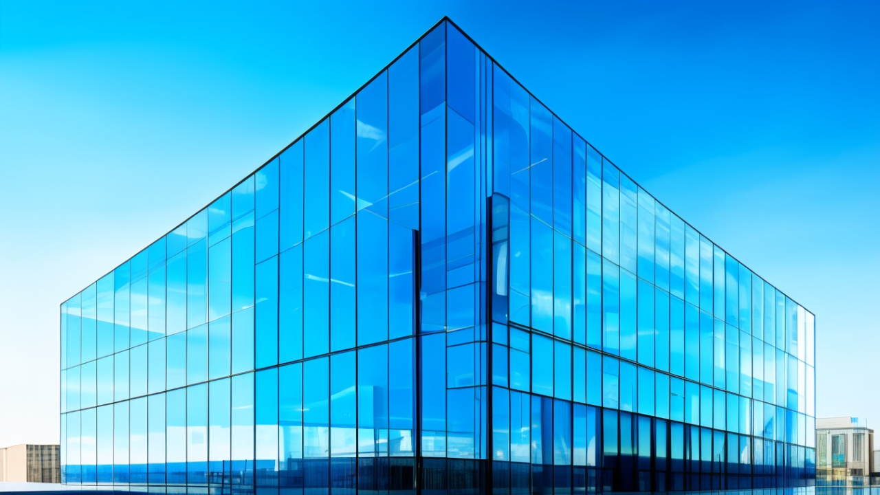 Fachada de edificio de vidro refletindo ceu azul